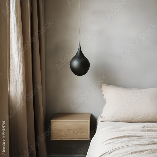 Minimalist Bedroom Interior With Modern Lamp and Natural Textures in Soft Light
