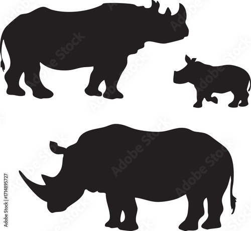 Rhino Family with Baby Silhouette Set | Rhinoceros Vector & Clipart