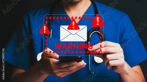 Medical Professional Holding Smartphone Displaying Email Warning Alert with Exclamation Marks doctor