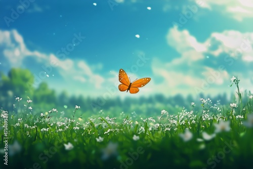 Beautiful Butterfly Flying Over a Field of Flowers on a Sunny Day in a Green ...