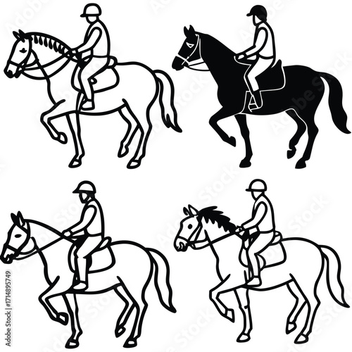 Collection of horse riding and animal illustrations featuring diverse equestrian scenes and wildlife