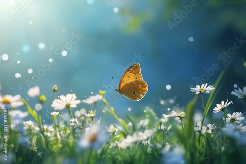 Beautiful Butterfly Flying Over a Field of Flowers on a Sunny Day in a Green ...