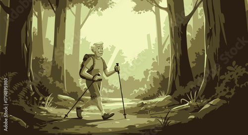 Hiking Adventure A cheerful person explores a forest path, enjoying nature and the outdoors