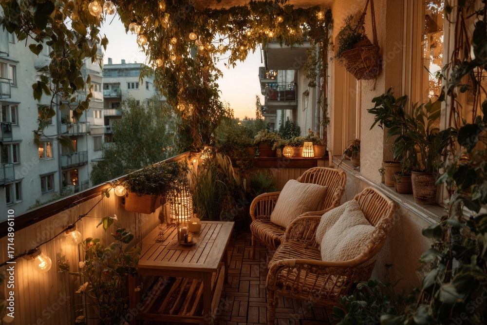 Fototapeta premium Balcony decorated with string lights, rattan furniture, and plants creating a cozy urban oasis