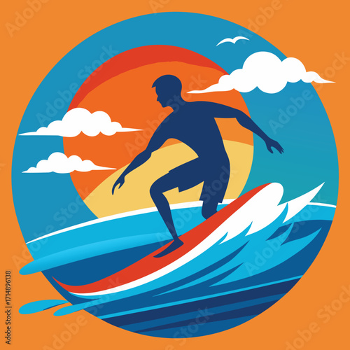 Collection of dynamic surfer silhouettes riding ocean waves in various poses and action shots