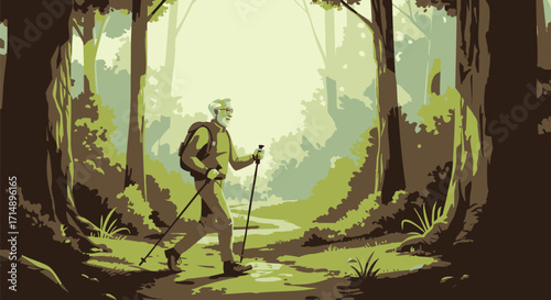 Elderly Man Hiking Through a Serene Forest Path