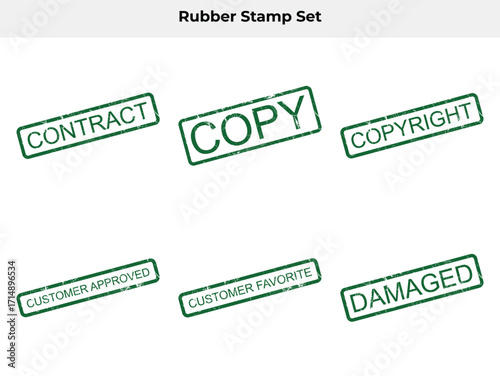 Green Ink Rubber Stamps Set Contract, Copy, Copyright, Approved, Favorite, Damaged