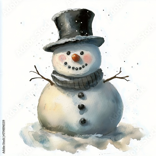 Cute Snowman Wearing a Black Hat and Scarf in a Winter Landscape With Soft Fa...