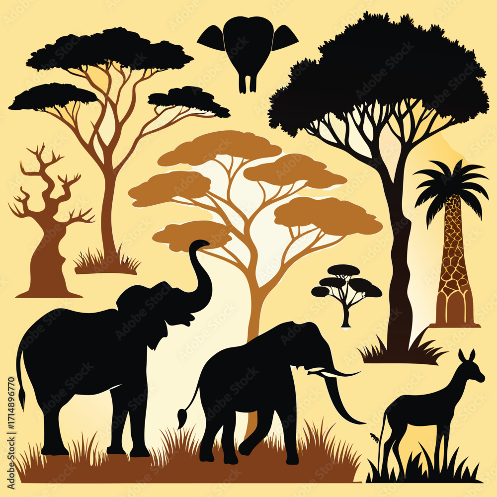 Fototapeta premium African safari silhouette collection featuring majestic elephant and giraffe in a natural landscape