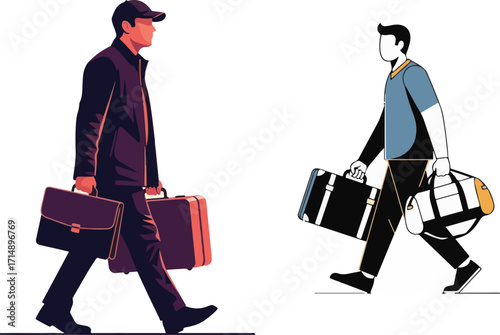 Illustrated Men Walking with Diverse Luggage and Travel Bags