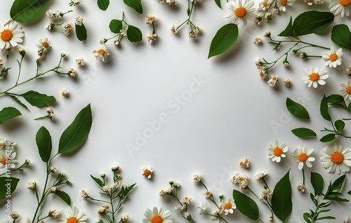 Floral Arrangement of Daisies and Green Leaves on a Plain Background for Crea...