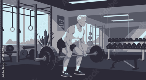 Senior Man Performing Barbell Deadlift Exercise in a Modern Gym for Strength Training