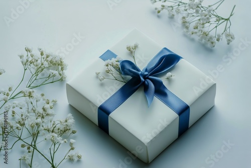 Elegant Gift Box With Blue Ribbon and Delicate Flowers on a Clean Surface.
