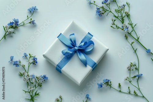 Gift Wrapped in White Paper With Blue Ribbon Surrounded by Small Blue Flowers.