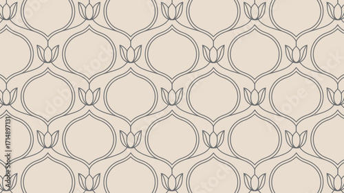 Repeating pattern of stylized lotus flowers and curved lines on a light beige background surface design