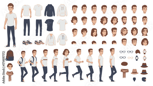 Male character creator kit with clothes, hairstyles, faces, poses, and accessories for animation, avatar design, and custom illustration