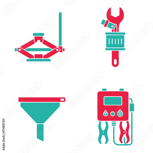 Four automotive repair tools depicted in a graphic design, including a car jack, wrench, funnel, and a car battery charger.