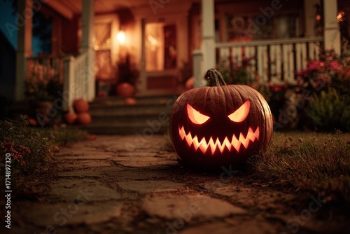 Jack-o'-lantern with glowing face sitting on a stone path in front of a house