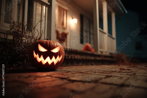 Jack-o'-lantern lights up a residential porch during a spooky halloween night