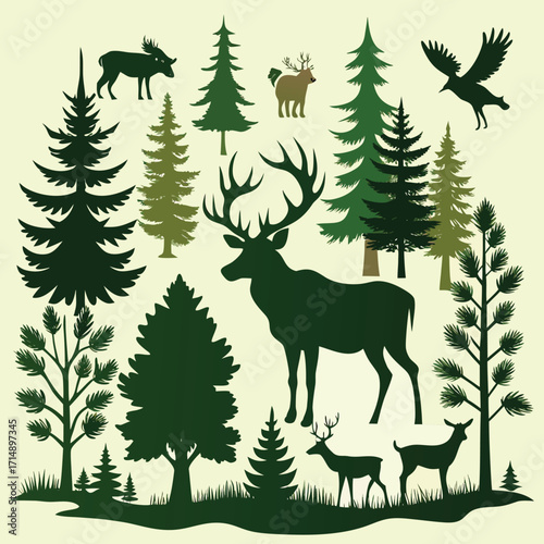 Collection of diverse woodland animal silhouettes including deer and moose in natural forest settings