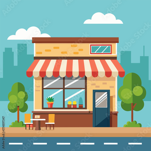 Cozy Coffee Shop and Small Restaurant Storefront with Outdoor Seating

