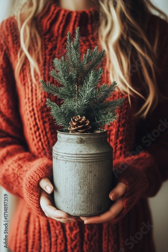 Cozy Sweater and Miniature Tree Displayed in Hands for Winter Holiday Decorat...