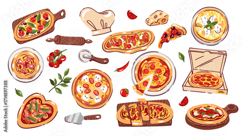 Pizza party cartoon set. Funny pizza of round, oval and heart shape on wooden board and plate, tools to cut slices, open delivery box. Pizzeria mascots, cartoon collection vector illustration