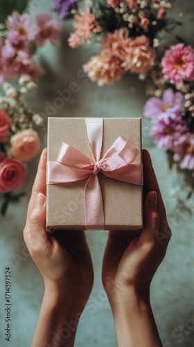 Holding a Beautifully Wrapped Gift Amid Flowers in a Cozy Setting.