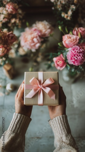 Holding a Beautifully Wrapped Gift Amid Flowers in a Cozy Setting