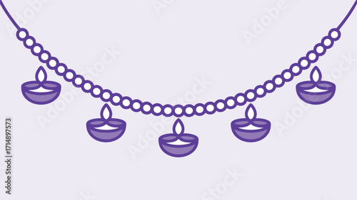 A string of beads with five diya lamps hanging from it on a light purple colored background simple design