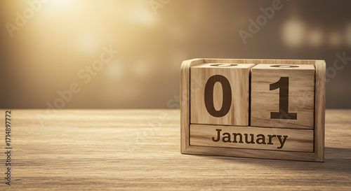 Vintage wooden perpetual calendar showing january 1st on a rustic wooden surface