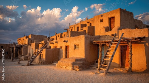 Timeless Adobe Architecture of Taos Pueblo Bathed in Sunset Glow.