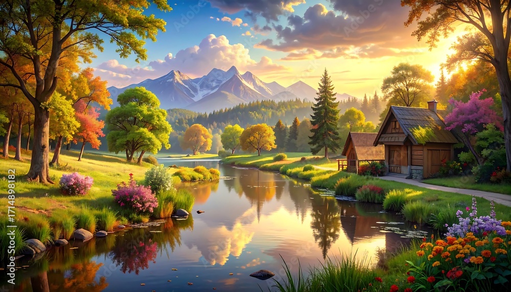 Fototapeta premium A picturesque landscape showcases a serene river reflecting a vibrant sunrise over a mountain range, with colorful trees and flowers lining the banks, and charming wooden houses nestled along the...