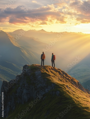 Two Hikers Enjoy a Stunning Sunset View From a Mountain Peak in a Scenic Valley