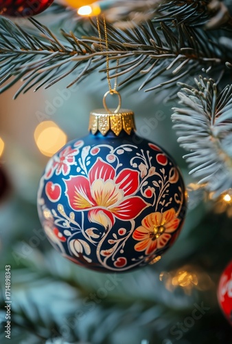Unique Blue Ornament With Floral Design Hanging on Christmas Tree Branches Du...