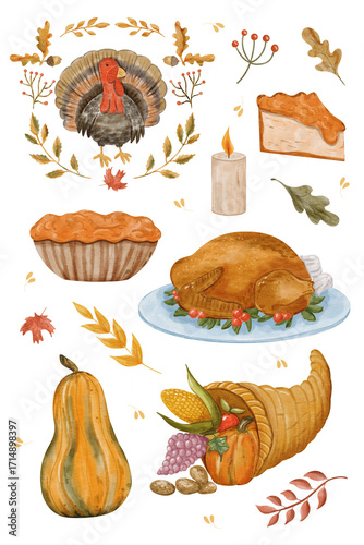 Hand painted Watercolor Thanksgiving clipart set with roasted turkey, pumpkin pie, whole pie, cornucopia with harvest fruits, squash, candle, autumn leaves, berries, oak branches and festive elements.