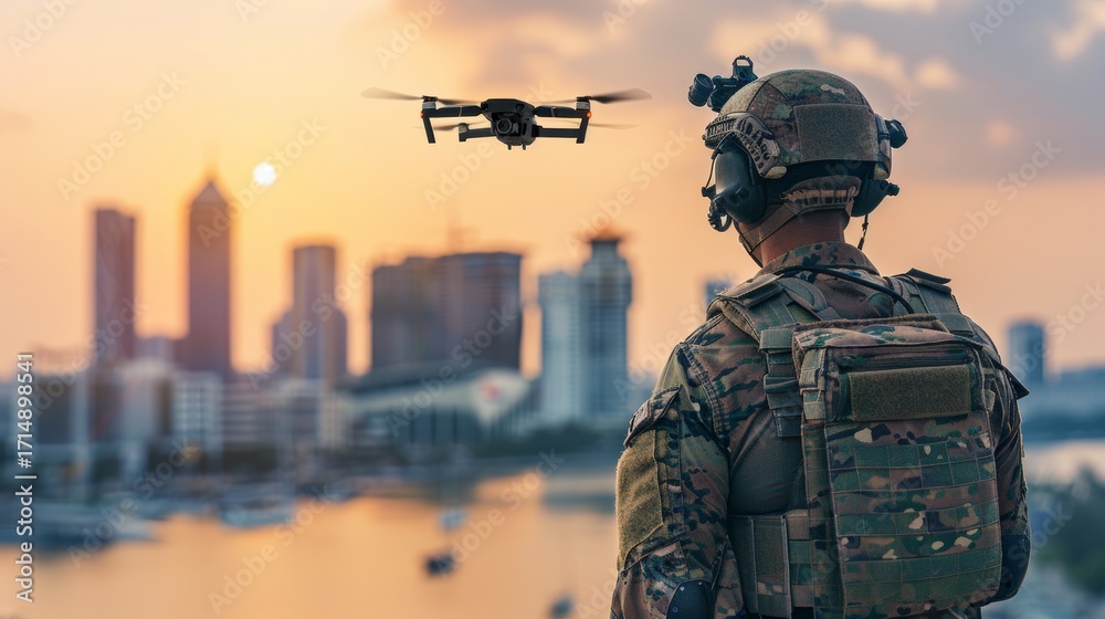 Fototapeta premium Silhouette of a soldier operating drones for military combat and surveillance missions