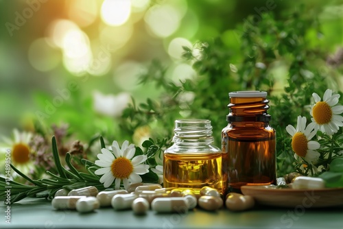 Natural Remedies in Amber Bottles With Herbs and Flowers on Wooden Surface Du...
