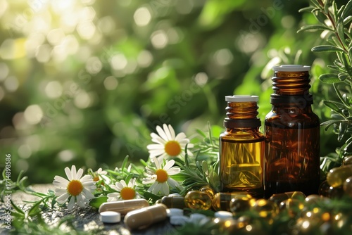 Natural Remedies Are Displayed With Essential Oils and Herbs in a Sunny Garde...