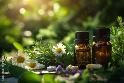 Natural Remedies Are Displayed With Essential Oils and Herbs in a Sunny Garde...