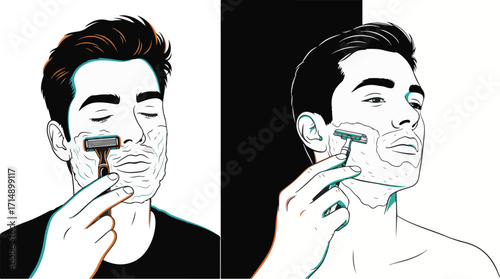 Modern Illustration of a Man Shaving His Face with Razor and Lather