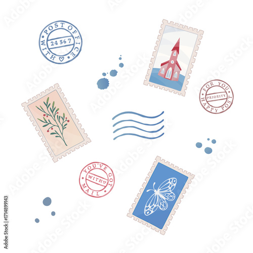Postage stamps set. Philately collection, postmarks, inkblots, hand drawn vector illustration.  Postal delivery items. Graphic elements for greeting cards, scrapbooking, vintage mail design projects.