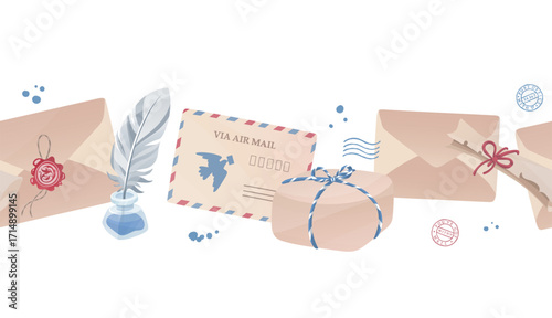 Vintage envelope, airmail letter, wrapped parcel, postmarks, ink blots. Post office items seamless border. Hand drawn vector illustration for vintage mail design, greeting cards, invitations.