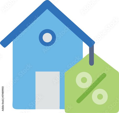 Vector art of blue house icon with a green tag featuring a percentage symbol, representing a discount or sale on a property
