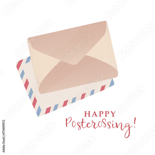 Happy Postrossing hand drawn vector illustration. Vintage envelope and airmail letter composition.  Business correspondence. Graphic element for retro mail design, World Postcard day greetings.