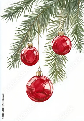 Bright Red Christmas Ornaments Hanging on Pine Branches for Festive Holiday C...