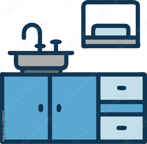 Vector art of simple flat design illustration of a kitchen sink and cabinet with drawers
