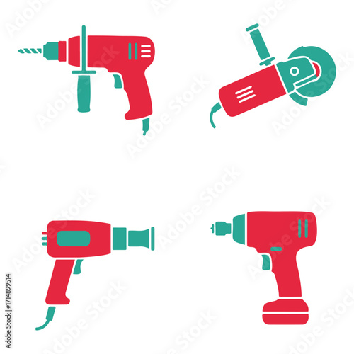 A collection of four red and teal power tools, including a drill, an angle grinder, and two impact drivers, presented on a white background.