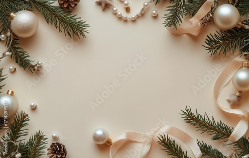 Christmas Decorations With Pine Branches and Ornaments on a Neutral Background