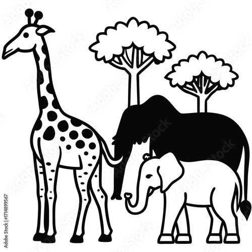 Charming safari scene featuring an elephant and giraffe in a natural landscape